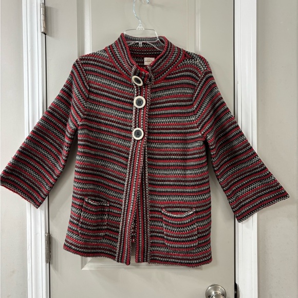 Covington Sweaters - Vintage Covington Red and Black Striped Knit 3/4 Sleeve Cardigan